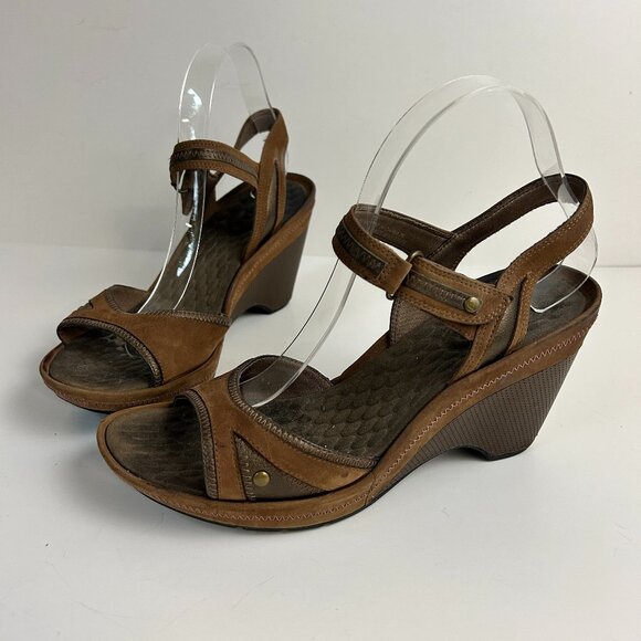 Privo Sandals Brown Wedge Slingback Heels Leather Peep Toe Comfort - Picture 1 of 13